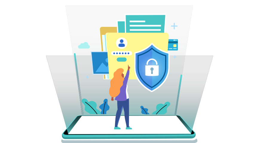 illustration of a girl standing on an iPad and pointing to the files that are protected.