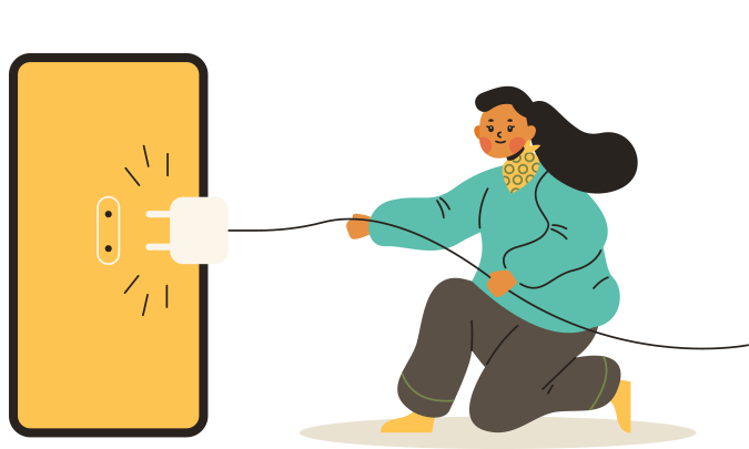 Drawing of a woman holding and outlet to plug it in a mobile