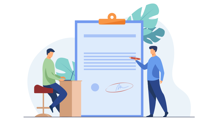 illustration of 2 people signing a contract, the contract is big in the background.
